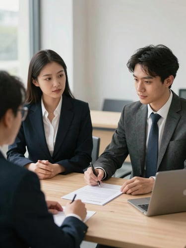 Medium shot of a hiring manager and a candidate seated across a desk in a bright modern office, offer letter on the table between them, natural window light from the left, both focused and professional — no forced smiles