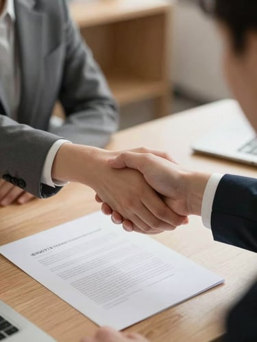 Close-up of a candidate and recruiter shaking hands across a desk, an offer letter visible between them, warm indoor office light, natural and professional, focused on the handshake and document in the foreground