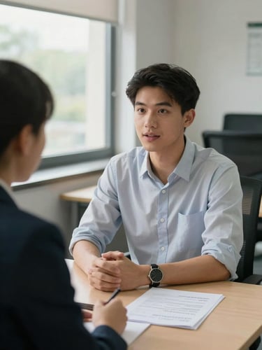 Medium shot of a young trainee speaking confidently at a desk in a bright training room, natural daylight from windows, trainer seated across with a notepad, resume papers visible on the table, professional office environment