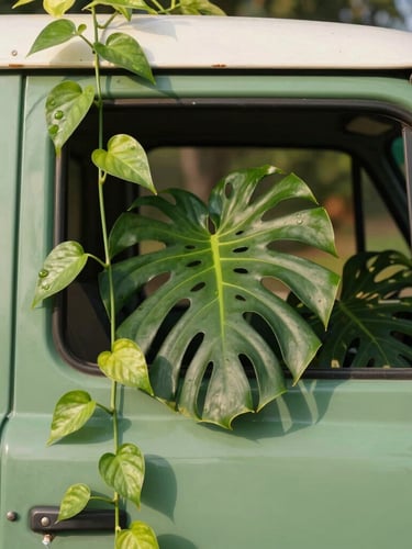 A close-up of the founders inside the vintage green truck, surrounded by trailing pothos and monstera leaves, warm natural daylight.