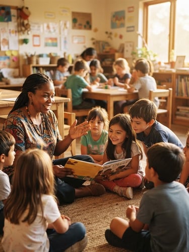 Warm environmental portrait of a local leader teaching children in a bright, clean classroom, natural golden hour light, shallow depth of field, rich organic tones, wide shot showing community collaboration, film style.