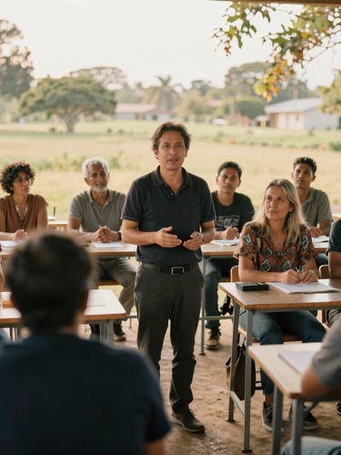 Medium-wide environmental portrait of a local community leader teaching a group of adults in a bright, open-air classroom, natural golden hour light, subjects making eye contact with the camera, rich organic tones.