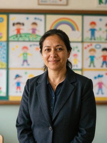 A dignified local female teacher, mid-40s, smiling warmly, making eye contact, standing in front of a vibrant classroom wall adorned with children's drawings, natural bright overcast daylight, respectful medium portrait.