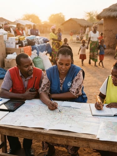 Warm documentary photograph of local aid workers coordinating logistics in a village, hands reviewing maps, supplies in background, natural golden hour light, respectful, medium-wide shot with agency.