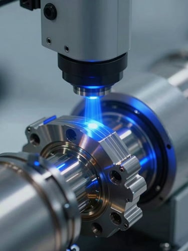 Macro close-up of a blue-light 3D scanner projecting structured light lines onto a complex machined aerospace component, cool industrial studio lighting, sharp focus, 35mm