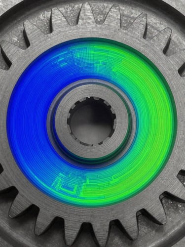 Macro close-up of a high-resolution CAD model showing a colorful deviation heatmap of a mechanical gear, cool blue and green structured light, sharp focus