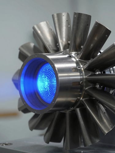 Macro close-up of a blue-light 3D scanner projecting structured light patterns onto a complex machined aerospace turbine blade, industrial studio lighting, 35mm
