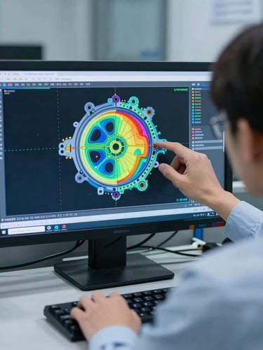 Tight over-the-shoulder shot of an engineer analyzing a colorful deviation heatmap of a mechanical part on a workstation monitor, cool blue tones, sharp focus