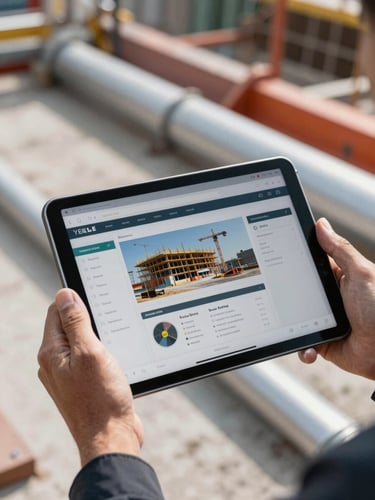 Close-up of rugged hands holding a modern tablet showing a construction business dashboard on an active job site, natural high-contrast daylight, muted steel and orange tones, sharp focus, 35mm