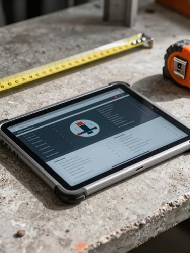 A rugged tablet displaying a business dashboard resting on a dusty concrete workbench next to a steel tape measure, high-contrast daylight, 35mm