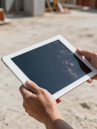 Close-up of rugged hands holding a modern tablet on a dusty job site, concrete dust, high-contrast daylight, sharp focus