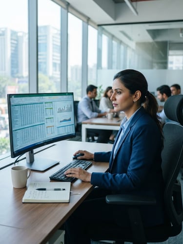 A professional consultant in a bright Gurugram office analyzing financial spreadsheets on a modern monitor, natural light, cool blue tones, 35mm.