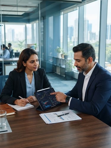 Clean corporate office in Bengaluru, bright natural light, professional consultants discussing financial documents over a sleek digital tablet, cool blue tones, 35mm photography