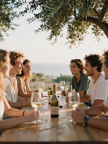 A long wooden table under olive trees at golden hour, friends laughing, wine glasses catching the warm sunlight, soft focus, 35mm film style.