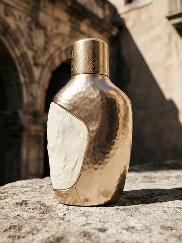 Sculptural Larfoz sunscreen bottle, low-angle heroic shot, reflecting sharp direct sunlight, deep architectural shadows, warm champagne gold accents, high contrast, 85mm