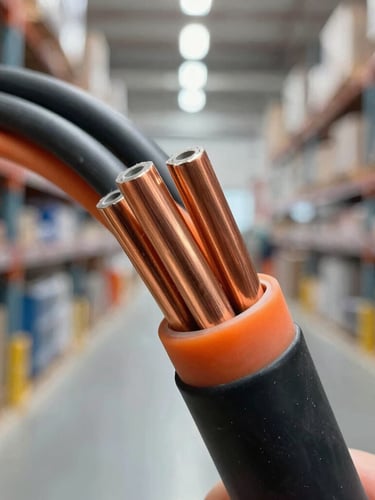 Macro shot of heavy-duty copper cables with clean orange and black insulation, organized in a modern warehouse, crisp industrial lighting, 35mm lens
