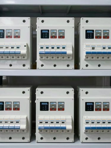 Straight-on structured shot of organized warehouse shelves stacked with industrial circuit breakers and electrical panels, bright clean lighting, 35mm lens