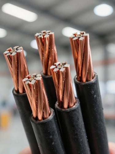 Macro shot of heavy-duty copper power cables with thick black insulation, neatly cut to show internal copper wire strands, bright industrial warehouse lighting, 35mm lens