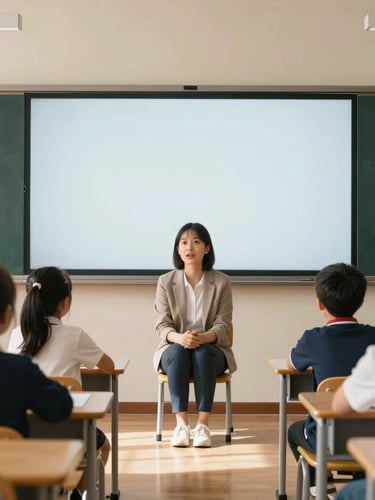 Wide eye-level shot of a teacher sitting on a low chair with kindergarten students around an interactive whiteboard, sunlit classroom, warm modern aesthetic.