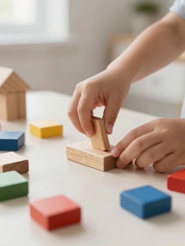 Close-up of a child's hands sorting natural wooden blocks and colorful geometric shapes on a low table, bright morning light.