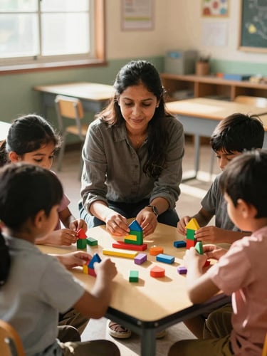 Bright sunlit classroom in Bhubaneswar, a teacher sitting at eye-level with three young children working with colorful wooden geometric blocks on a low table, warm natural light.