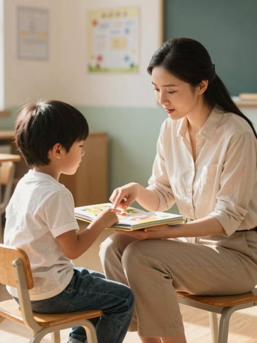 A bright, warm classroom corner with sun streaming in; a teacher sits on a low wooden chair at eye level with a child, pointing to a colorful picture book.