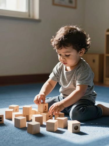 Sunlit classroom corner in Bhubaneswar, a toddler sitting on a soft blue mat playing with large wooden building blocks, natural warm light, eye-level shot