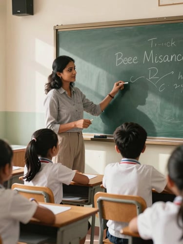 A bright, sunlit classroom in Bhubaneswar with a teacher at eye level helping a child use a smartboard, warm natural lighting, child-centric focus.