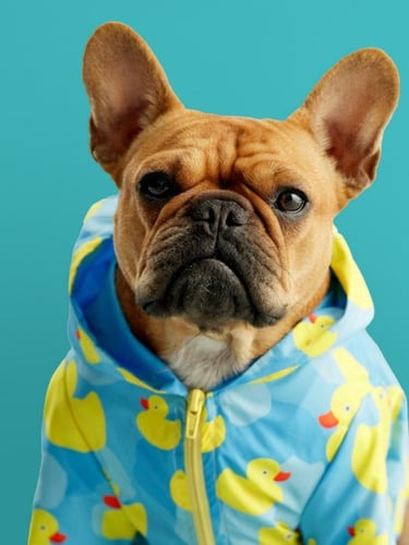 Un bulldog francés marrón con un impermeable azul de patito de goma sobre un fondo verde azulado..