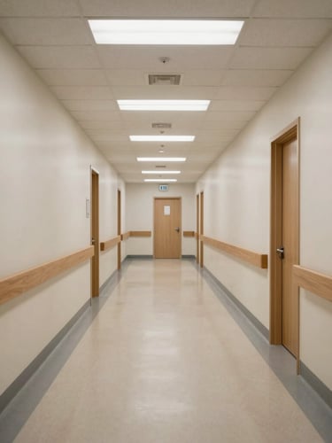 Stark architectural shot of an empty, cold nursing home corridor with harsh overhead fluorescent lighting and sterile linoleum floors.