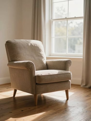 Wide environmental shot of a warm, sun-drenched living room, a comfortable empty armchair by a window, soft morning light illuminating wooden floorboards, no people.