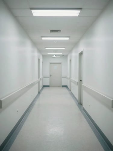 Stark, cold empty corridor of an institutional nursing facility with sterile white walls, overhead fluorescent glare, and linoleum floor.