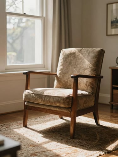 Warm, sun-drenched living room with a worn wooden armchair, soft natural light streaming through a window onto a textured rug.