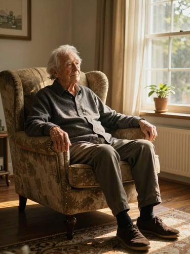 A cozy, sun-drenched living room at golden hour, an elderly person sitting peacefully in a worn fabric armchair by a window, soft light highlighting wooden textures and a warm rug.