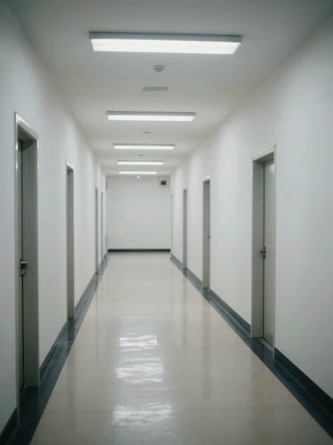 Wide-angle architectural shot of an empty institutional corridor, cold clinical white walls, harsh overhead fluorescent lighting reflecting on polished linoleum floors, sterile and silent.