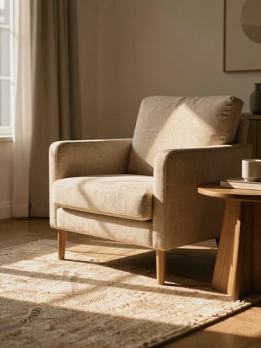 A warm, sun-drenched living room with a comfortable armchair, wooden side table, and soft golden light on a textured rug.
