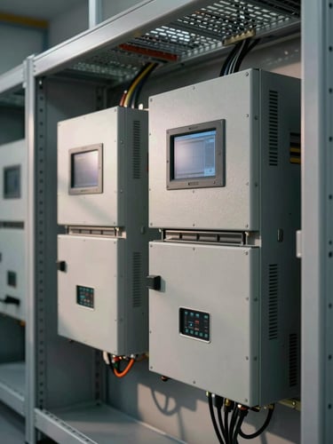 Close-up wide shot of an electrical equipment room interior: inverter units mounted on steel-gray walls, cable trays overhead, monitoring station display panels, studio strobe lighting casting hard shadows on hardware surfaces, no people visible