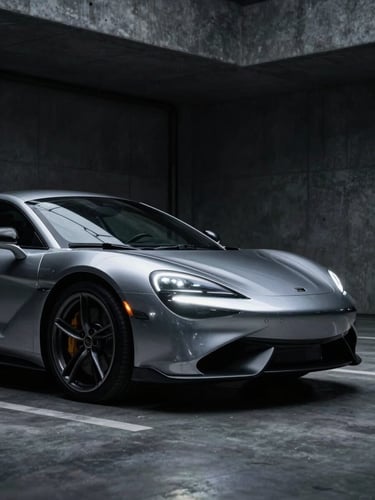 Sleek modern sports car parked in a dark architectural concrete garage, dramatic silver headlight reflections, low-key studio lighting, 35mm lens