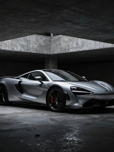 Sleek modern sports car parked in a dark architectural concrete garage, dramatic low-key spotlight highlighting silver metallic contours, deep shadows, 35mm lens