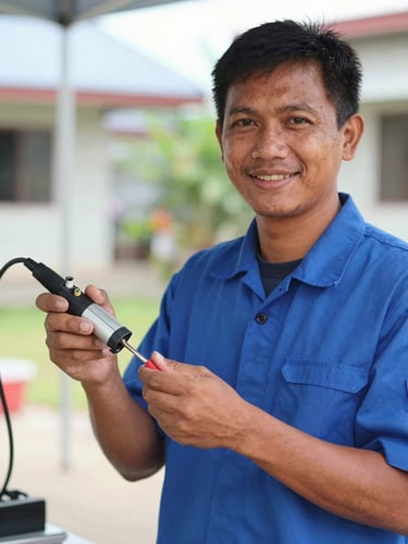 Friendly Indonesian technician wearing a neat blue uniform, smiling at the camera while holding a fiber fusion splicer tool, outdoor setting in Luwu, bright daylight, shallow depth of field.