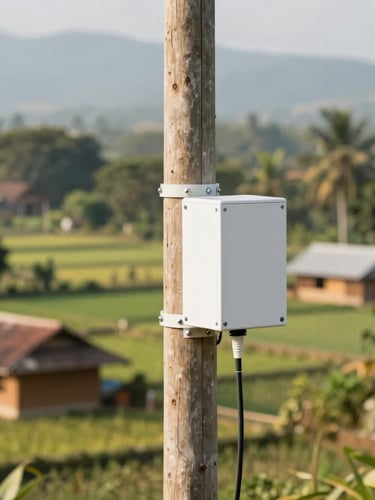Bright commercial photography of a neat fiber-optic installation on a wooden utility pole, green Luwu village landscape in the background, warm natural daylight, 35mm.