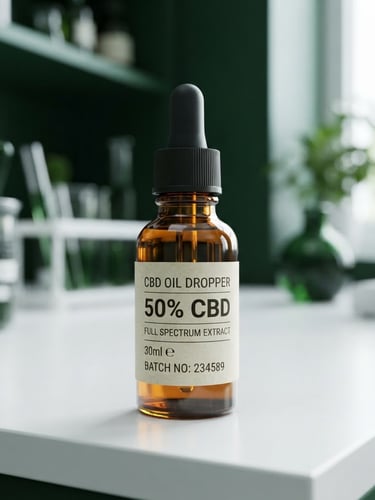 Close-up of an amber glass CBD oil dropper bottle on a clean white laboratory surface, bright natural daylight, sharp focus on the label showing '50% CBD' and a batch number. Deep forest green accents in the background.