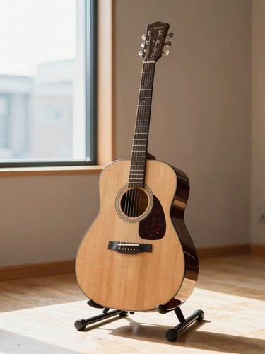 Bright editorial photography of a sun-drenched recording studio live room, natural wood acoustic guitar resting on a stand, warm natural daylight streaming through a large window, 35mm lens