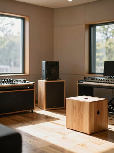 Bright editorial photography of a sun-drenched recording studio with natural wood acoustic instruments, warm natural daylight streaming through large windows, 35mm lens