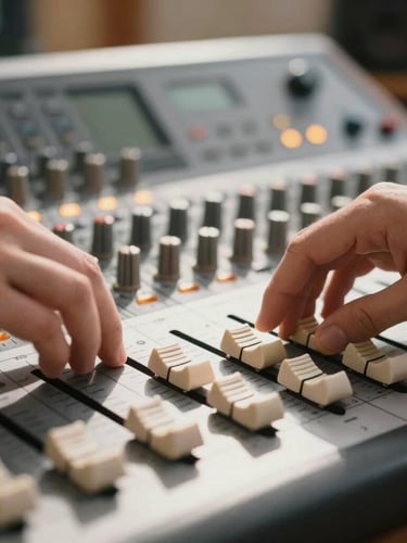 Close-up detail of hands adjusting a premium analog mixing console fader, warm amber indicator lights glowing softly, bright natural studio lighting, 35mm lens
