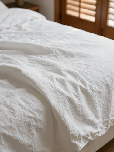 Crisp white linen sheets with natural creases, soft morning light filtering through wooden shutters, warm and serene atmosphere