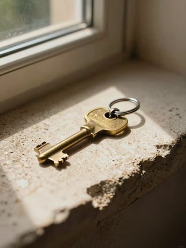 Close-up of a brass key ring resting on a sun-dappled stone window sill in Provence, soft focus, warm background