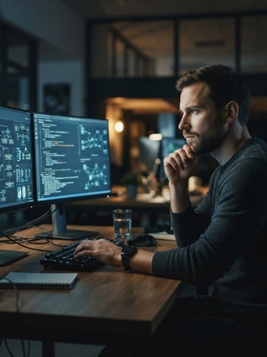 Cinematic low-key office shot, professional concentrating in front of dual monitors displaying complex system architecture, cool slate and amber ambient tones, shallow depth of field, 35mm.