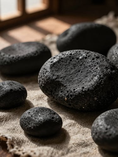 Low-key, dramatic close-up of dark basalt stones resting on textured unbleached cotton linen, warm light filtering through timber screens, deep shadows.