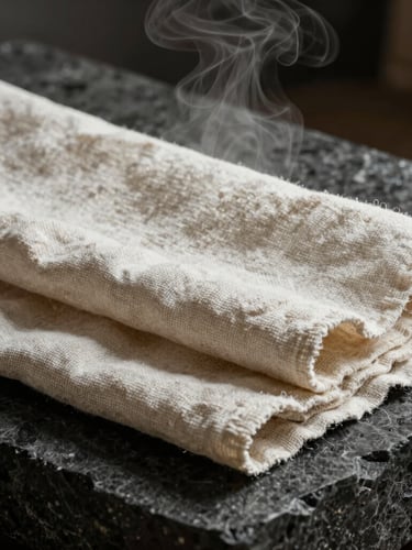 Extreme close-up of heavy textured unbleached cotton linens resting on dark basalt stone, steam rising gently in a dimly lit room with dramatic shadows.